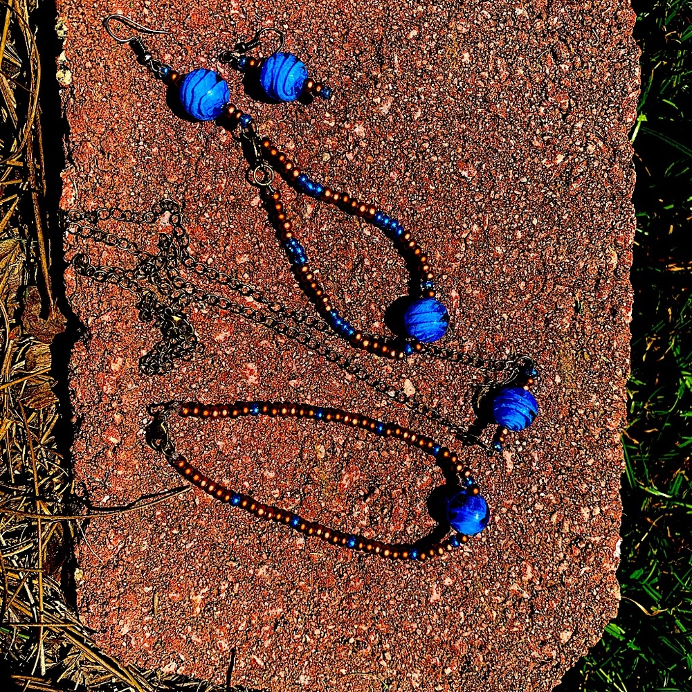 Handmade bronze&blue bracelet, earrings,ankle bracelet,and necklace,glass beads